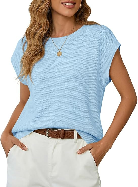 Saodimallsu Womens Short Sleeve Sweater Tops Summer Crewneck Lightweight Knit Casual Loose Sleeve... | Amazon (US)