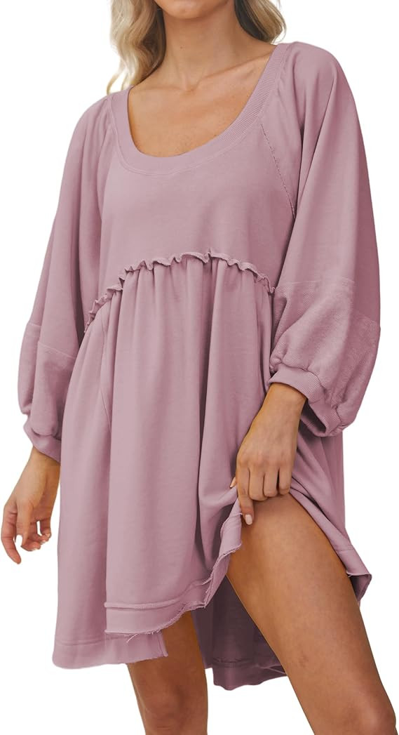 MISSACTIVER Women’s Oversized Patchwork Pullover Sweatshirt Dress Loose Lantern Sleeve Scoop Ne... | Amazon (US)