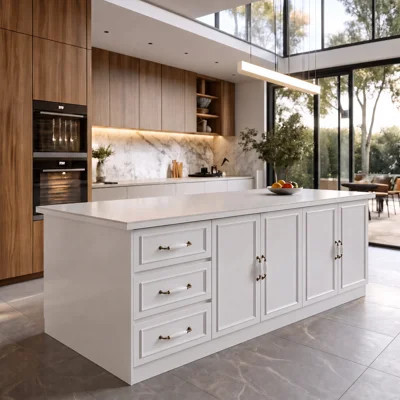 86.6" W Double-Sided Kitchen Island with Marble Surface, 6 Drawers, and 4 Doors | Wayfair North America