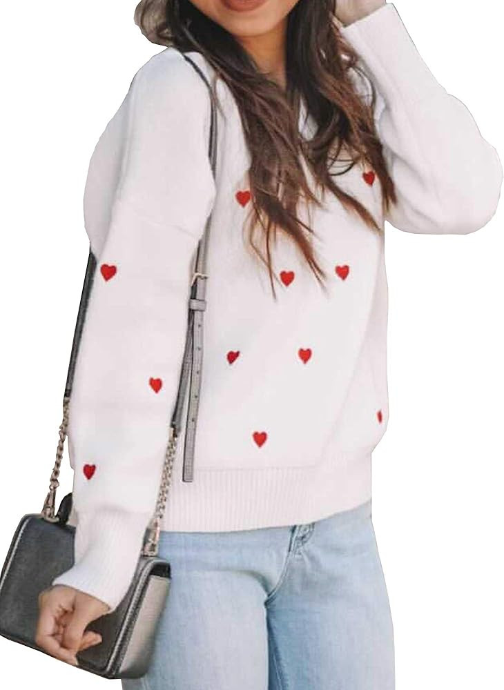 Women V Neck Heart Print Embroidery Knit Sweater Loose Casual Long Sleeve Ribbed Hem Cuff Sweater... | Amazon (US)