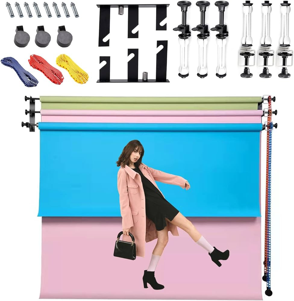 3 Roller Wall Mounting Manual Background Support System, Including 3 Tri-fold Hooks, 6 Expand Bar... | Amazon (US)