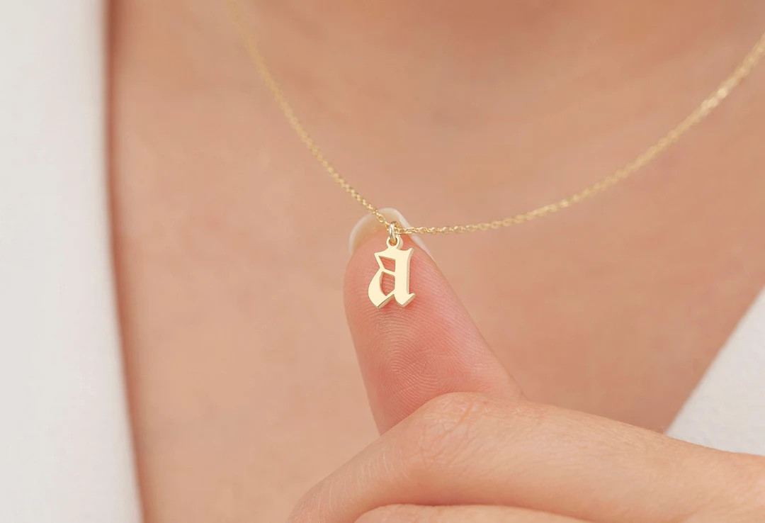 14k Solid Gold Gothic Letter Necklace, Personalized Gift, Gold Initial Letter Necklace, Gift for ... | Etsy (US)
