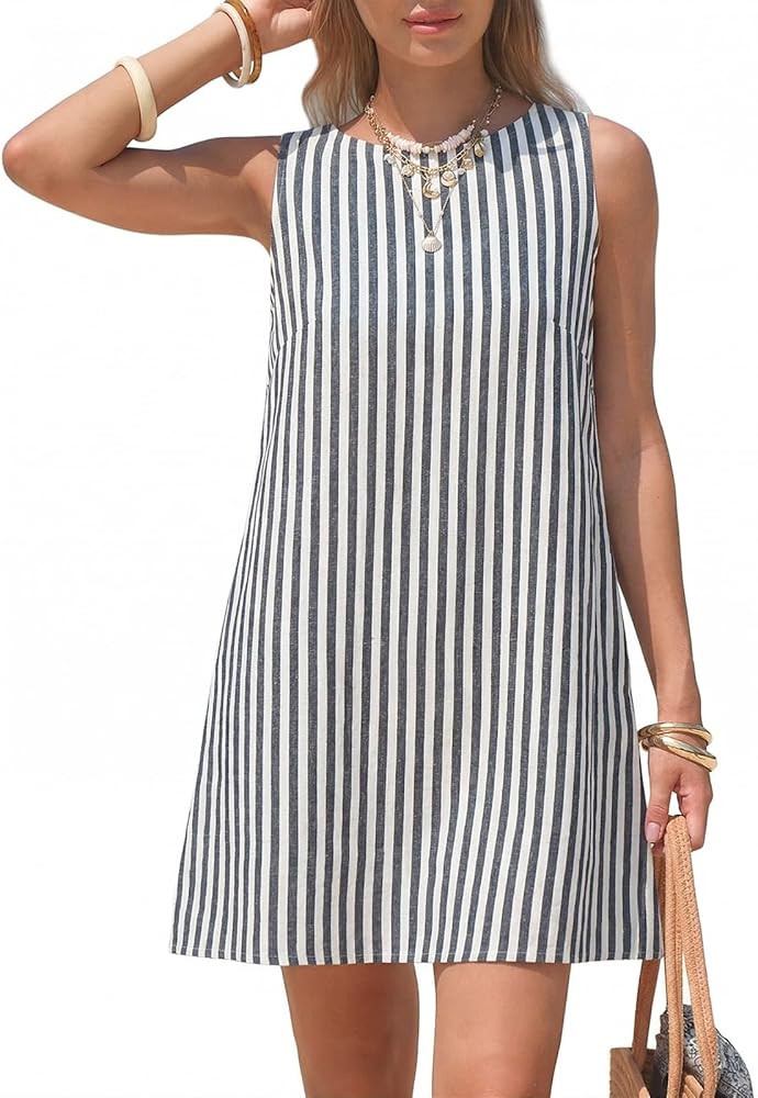 EXLURA Women Summer 100% Cotton Faux Linen Dresses Sleeveless Striped A-Line Mini Sundress Beach ... | Amazon (US)