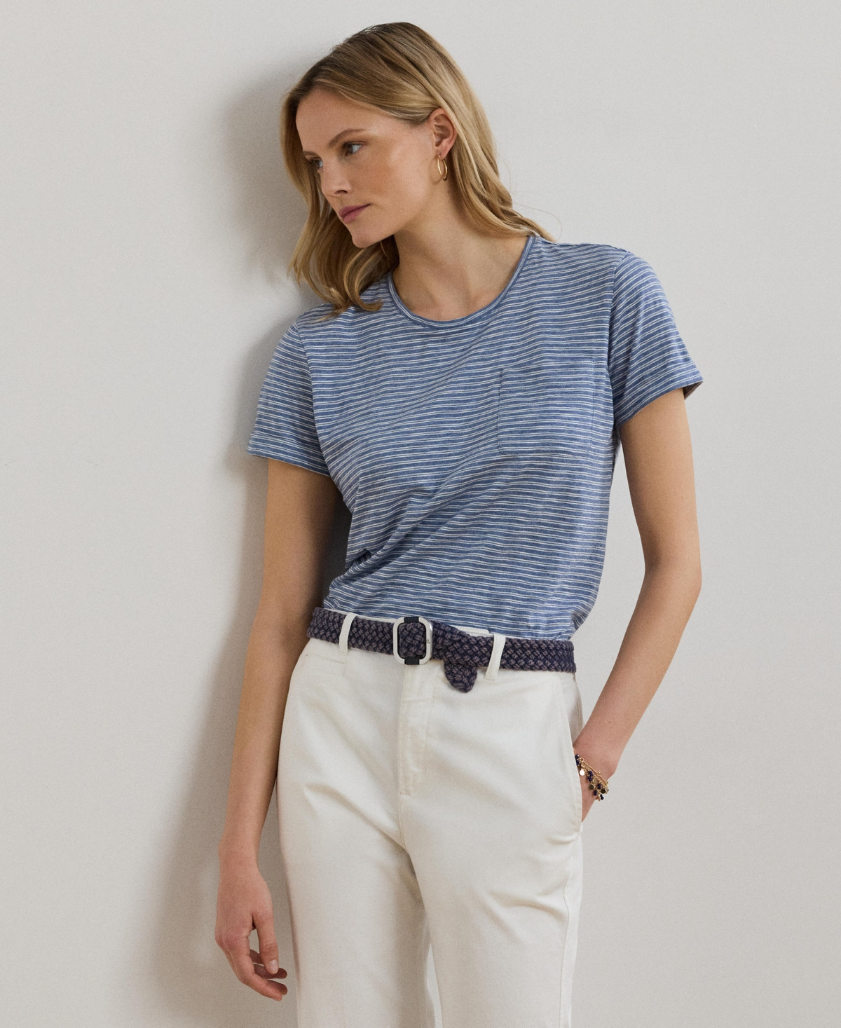 Lauren Ralph Lauren Women's Striped Cotton Slub Jersey Pocket Tee - Capri Blue Heather/White | Macy's