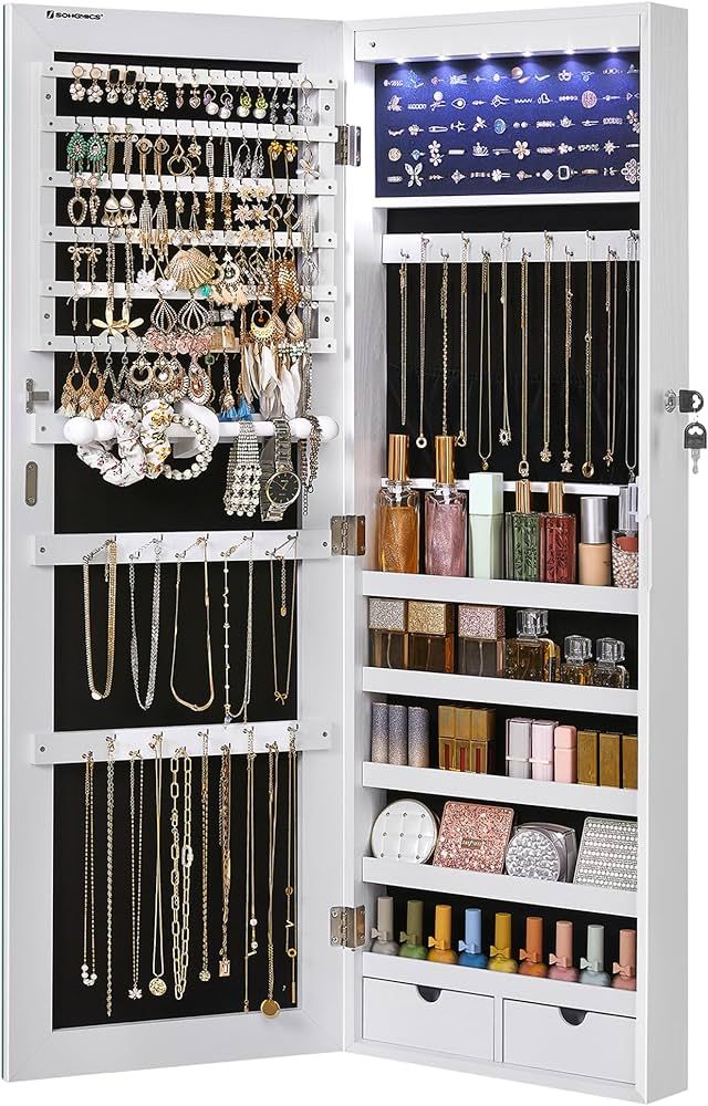 SONGMICS Hanging Jewelry Cabinet, Wall-Mounted Cabinet with LED Interior Lights, Door-Mounted Jew... | Amazon (US)