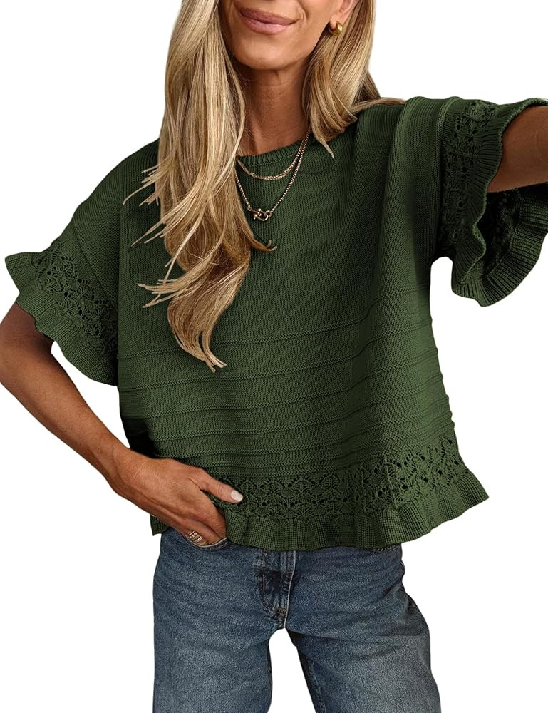 Yeokou Womens Short Sleeve Sweater Round Neck Ruffled Hem Knit Crochet Pullover Summer Fall Casua... | Amazon (US)