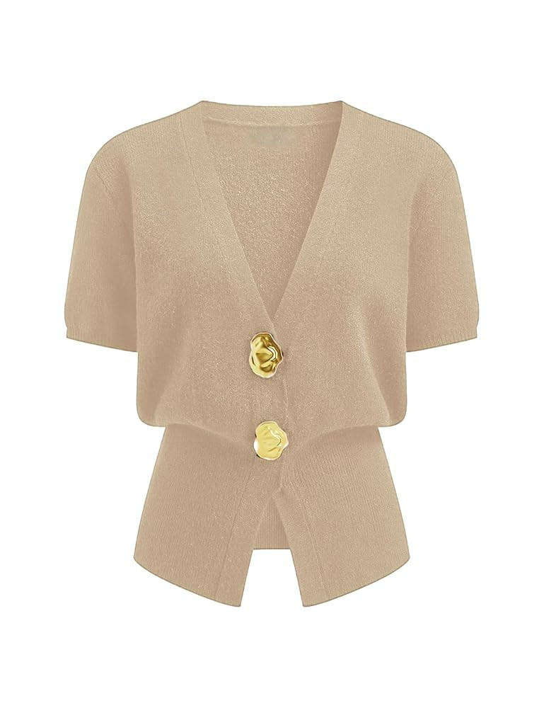 Tanming Womens Sweaters Cardigan Solid Trendy Deep V Neck Button Up Waist Cinched Short Sleeve Kn... | Amazon (US)