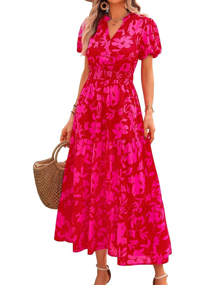 MASCOMODA Summer Maxi Dresses for Women 2025 Casual V Neck Puff Short Sleeve Smocked Flowy Beach ... | Amazon (US)