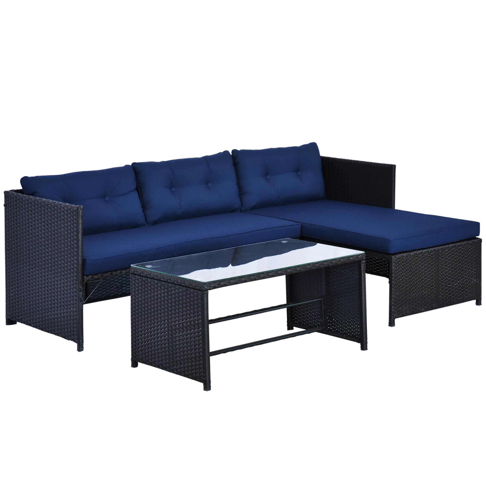 Outsunny 3 Piece Patio Furniture Set Rattan Outdoor Sofa Set with Chaise Lounge and Loveseat Soft Cushions Tempered Glass Table L-Shaped Sectional | Lowe's