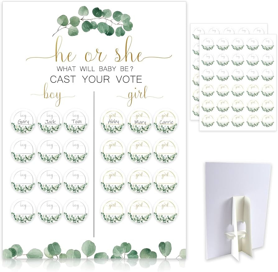 Greenery Baby Gender Reveal Board with Stand(12x17), 60 Eucalyptus Leaf Boy Girl Voting Stickers,... | Amazon (US)