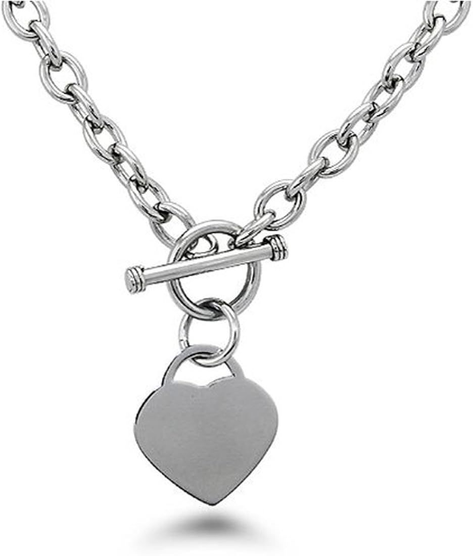 High Polished Stainless Steel Heart Charm Cable Chain Necklace with Toggle Clasp (Length: 18") Si... | Amazon (US)