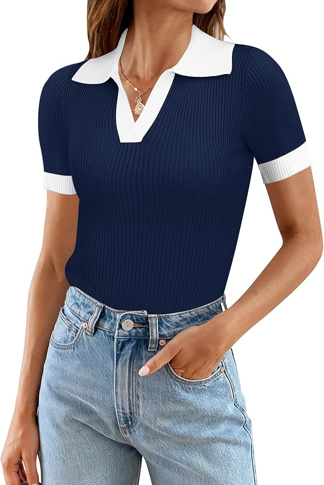 Ivicoer Womens 2025 Summer V Neck Short Sleeve T Shirts Slim Fitted Ribbed Knit Casual Tee Tops | Amazon (US)