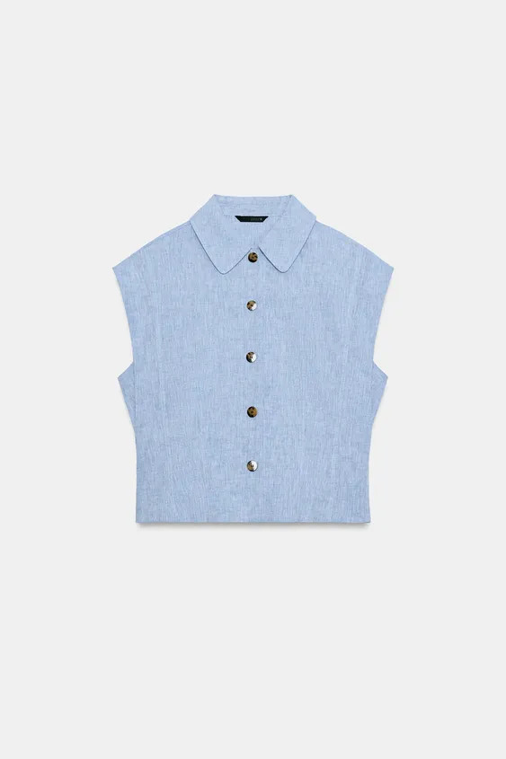 Model height: 177 cmSleeveless shirt made of a linen blend. Featuring a regular collar and a butt... | Zara UK