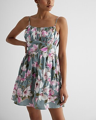 Floral Print Ruched Tiered Mini Dress | Express