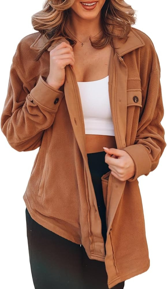 SOMTHRON Women's Fleece Cardigan Long Sleeve Oversized Shacket Sherpa Shirt Jacket Button Down La... | Amazon (US)