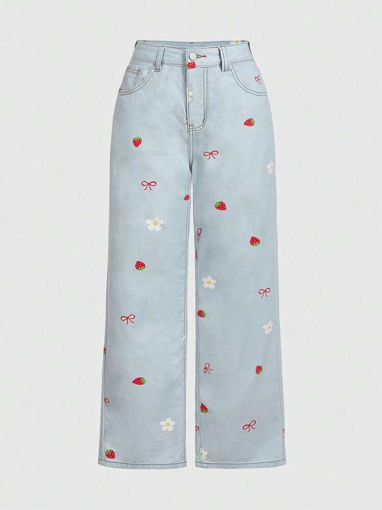 ROMWE Kawaii Plus Size Women Strawberry Bow Flower Denim Jeans | SHEIN