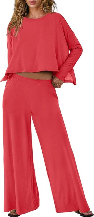 Panadila Womens Oversized Lounge Sets 2 Piece Matching Pajama Sets Long Sleeve Crop Top and Wide ... | Amazon (US)