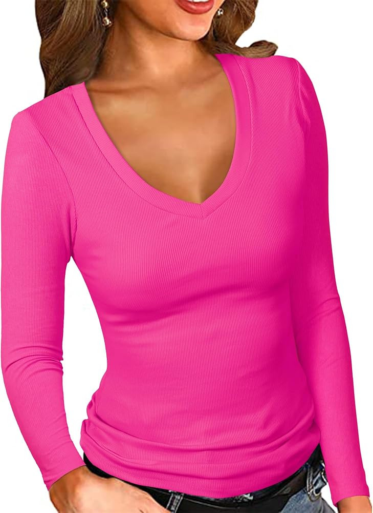 PALINDA Women's Ribbed V Neck Slim Fitted T Shirts Basic Solid Long Sleeve Layering Tee Tops | Amazon (US)
