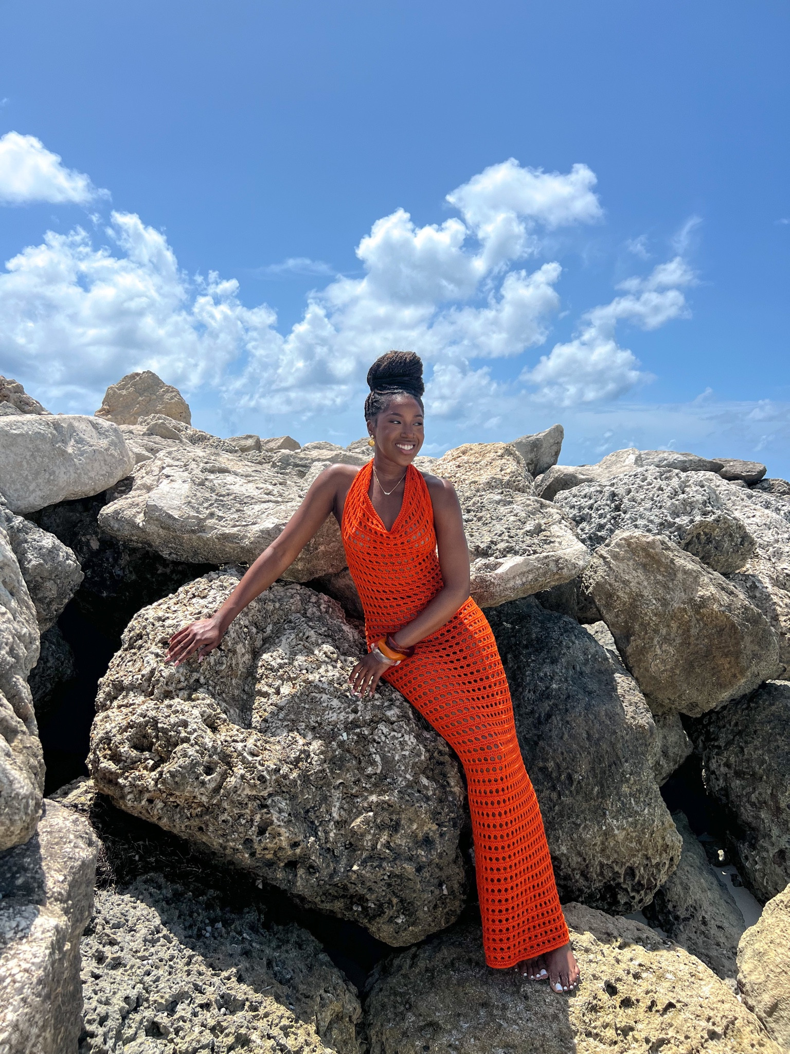 Island outfit 
Crochet outfit 
Orange knit dress 
Orange halter dress 
Orange crochet halter dress 

#LTKeurope #LTKsalealert #LTKfindsunder50