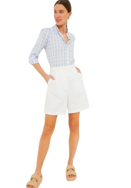 Sophisticated, chic mom looks. Classic white long shorts with a Jackie O feel and a slimming gingham button down top. I love this tailored look from Tuckernuck!

#LTKStyleTip #LTKSeasonal