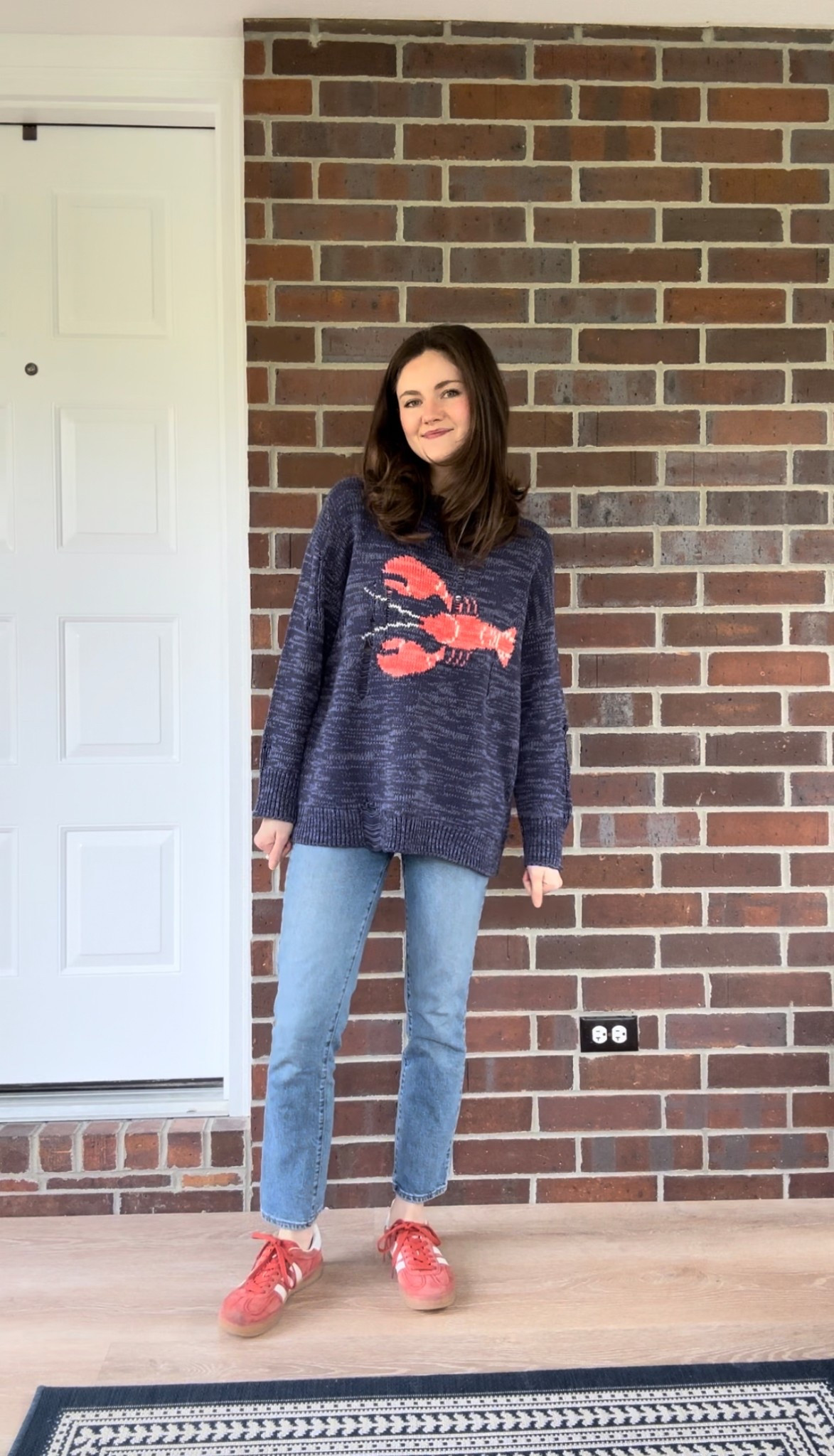 Distressed lobster sweater / nautical style / coastal outfit / red adidas gazelles 

#LTKFindsUnder100