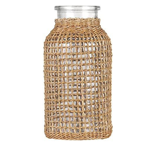 WHJY Boho Glass Vase, Rattan Vase, Farmhouse Rattan Décor, Round Flower Vase Basket Vase for Floral Arrangements -6.3 inch | Amazon (US)