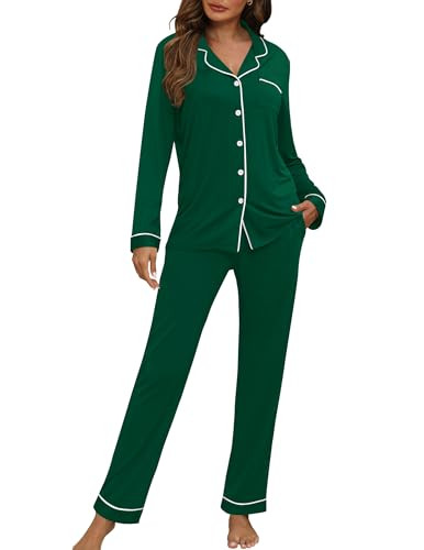 HNG Womens Pajama Sets Button Down Long Sleeve Blouses and Pants Sleepwear Postpartum Pjs Set Dark Green, S | Amazon (US)