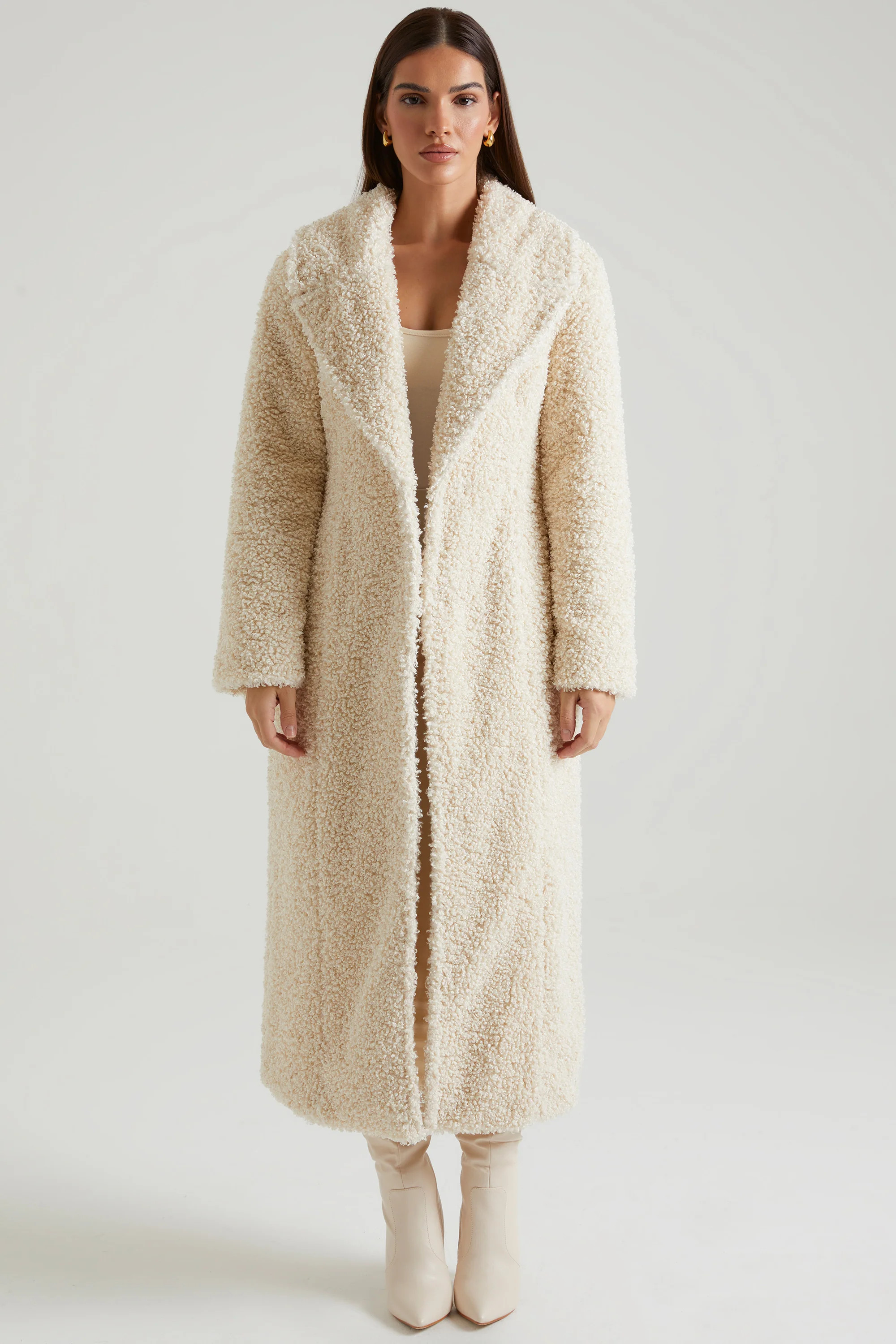Long Shearling Coat in Cream | Oh Polly