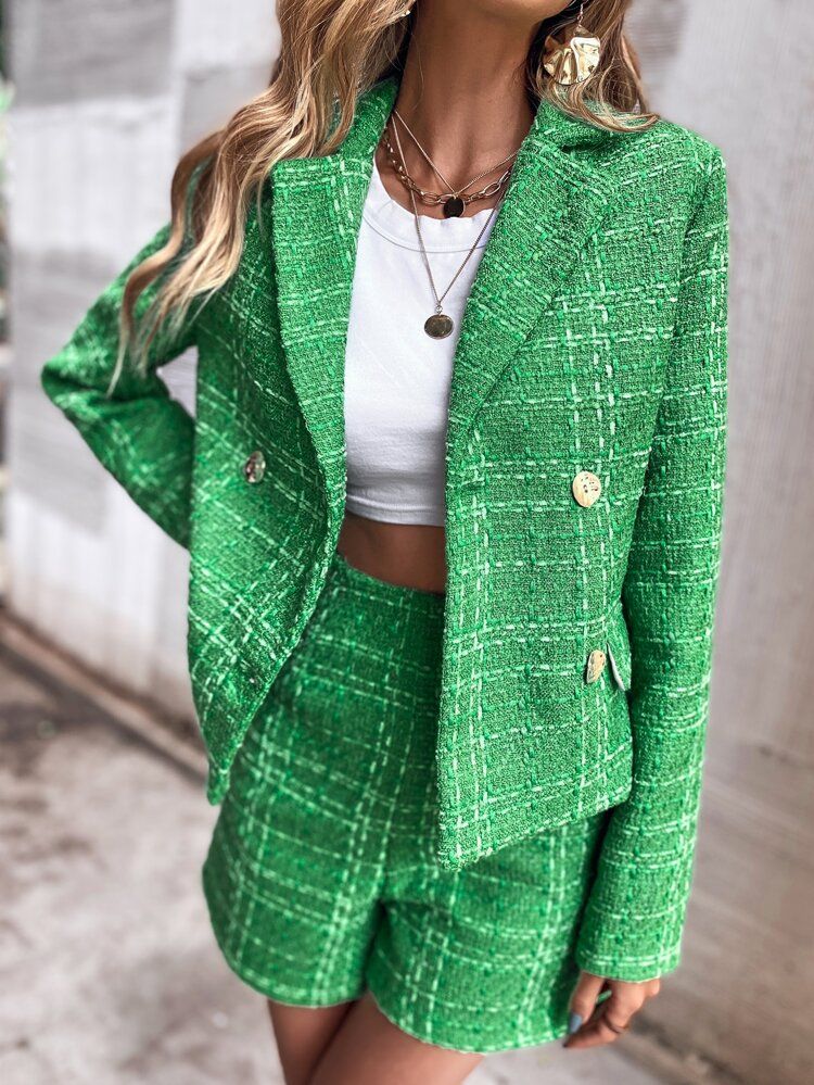 Double Breasted Flap Detail Tweed Blazer | SHEIN