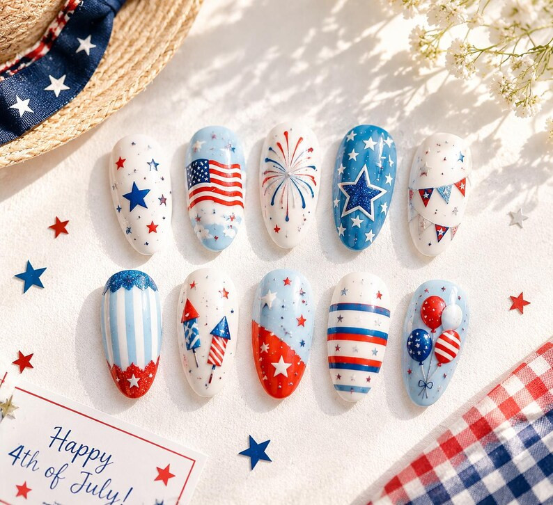 Patriotic 4th of July Press-on Nails, Americana Red White Blue Nail Set, Stars & Fireworks Hand-p... | Etsy (Global)