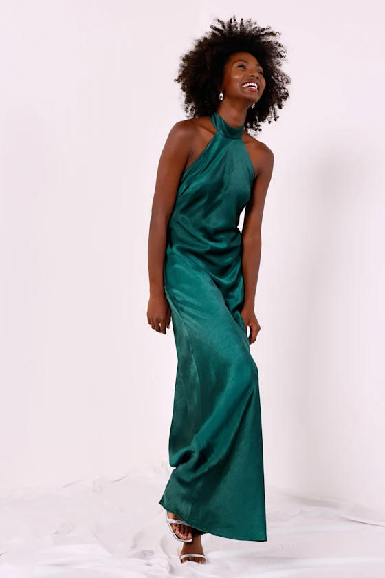 Love in Your Life Emerald Green Satin Halter Maxi Dress | Lulus