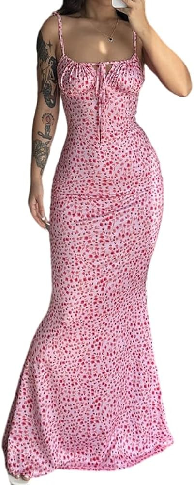 Women Floral Printed Spaghetti Strap Maxi Dress Long Dress Backless Tie Shoulder Mermaid Dress | Amazon (US)