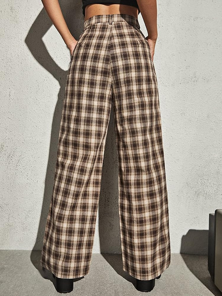 DIDK Women's Tartan Plaid Mid Waist Straight Pants | Amazon (US)
