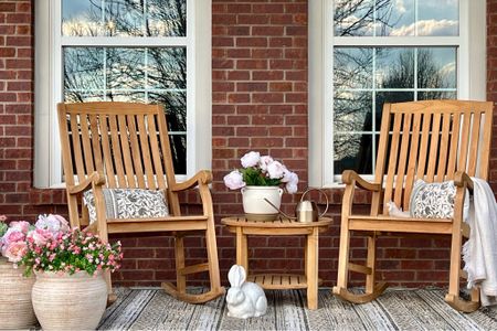 #AD I’m loving this year’s spring porch design featuring some gorgeous, affordable finds from Lowe’s. If you’re shopping for
 new patio furniture, be sure to check out the teak outdoor rocking chair and table set I linked here. It’s so good! I also
  picked up the most stunning set of outdoor planters, a new rug
and some adorable Easter décor that my daughter just
 couldn’t get enough of. Be sure to follow my LTK shop for all the best outdoor Spring finds.

@loweshomeimprovement #lowespartner

#LTKhome #LTKSeasonal #LTKsalealert