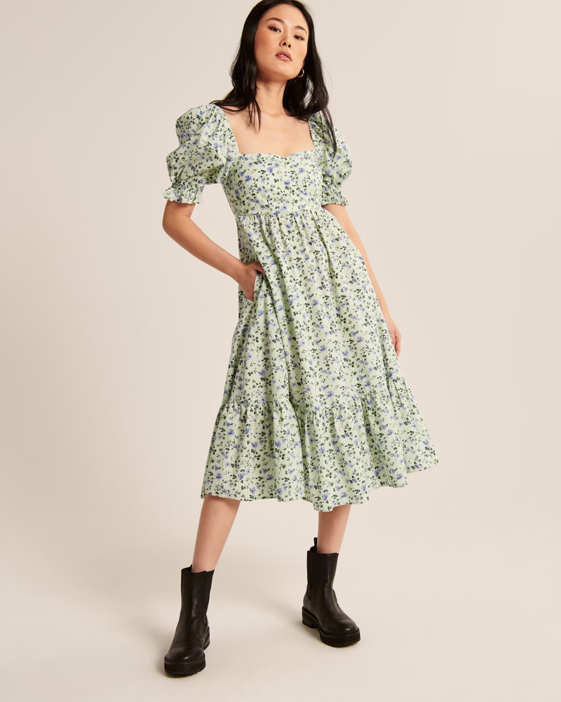 Puff Sleeve Poplin Midi Dress | Abercrombie & Fitch (US)