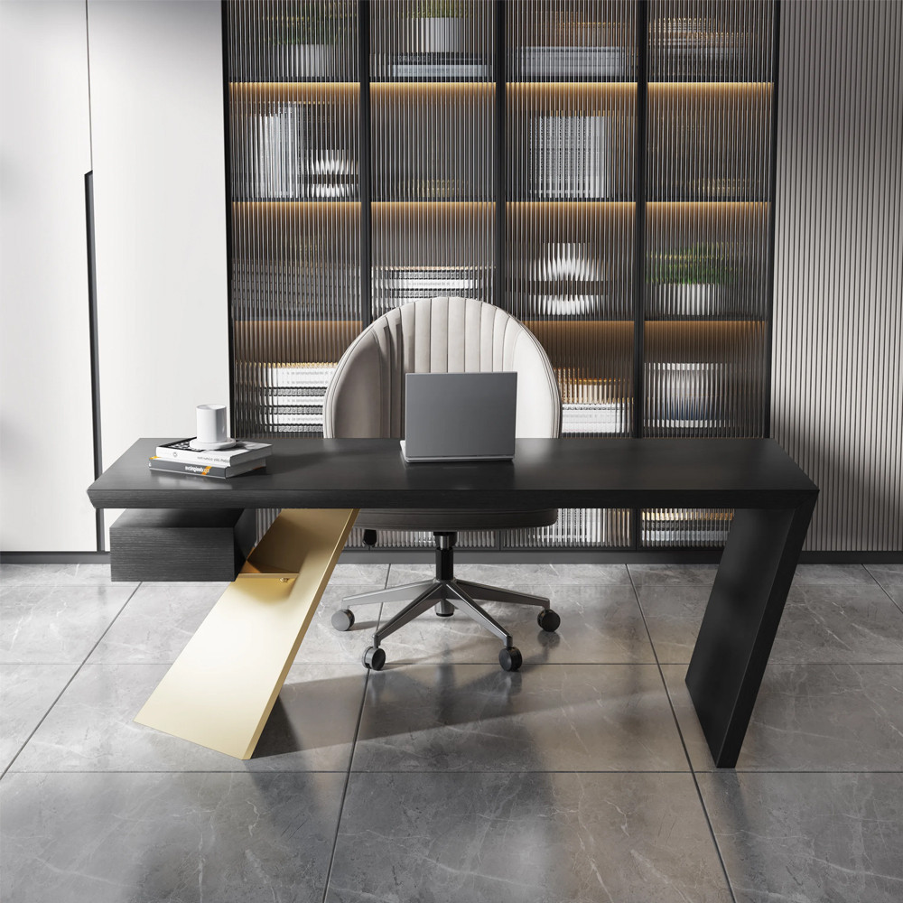 Cabstract Modern Black & Gold Office Desk Writing Desk with Drawer Computer Desk (71") | Homary