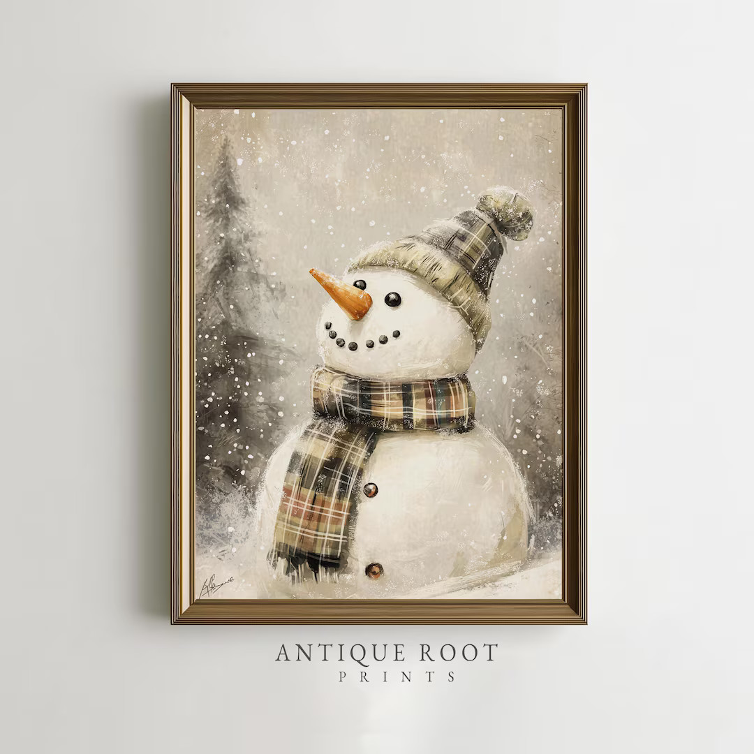 Snowman With Plaid Scarf Painting - Cozy Winter Wall Art, Rustic Farmhouse Holiday Decor, Vintage... | Etsy (US)