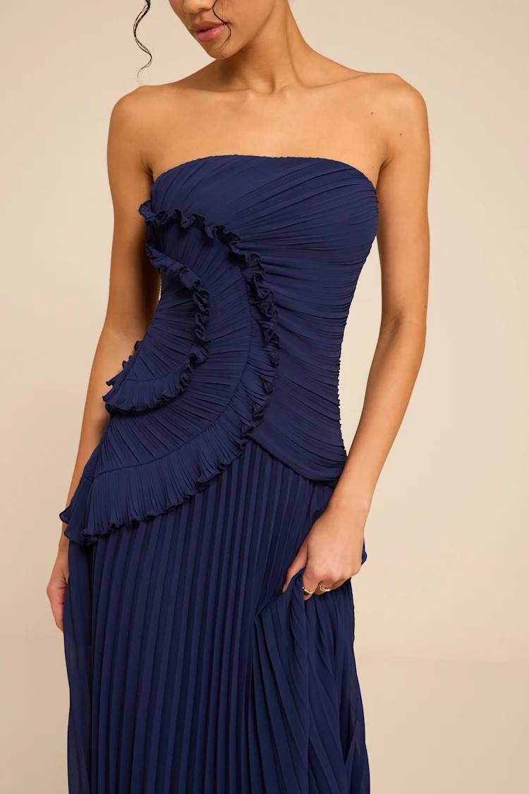 Brylee Navy Pleated Ruffled Midi Dress | Lulus