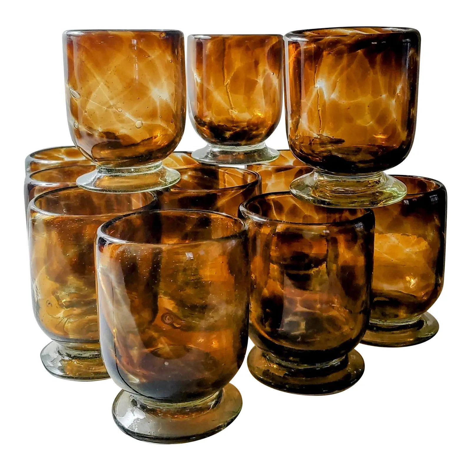 Vintage Mexican Tortoise Shell Pattern Footed Shorties Tumblers Glassware- Set of 12 | Chairish