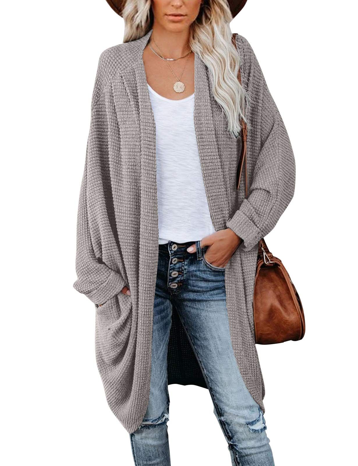 Women's Waffle Knit Batwing Long Sleeve Cardigan Loose Open Front Sweater Coat | Amazon (US)