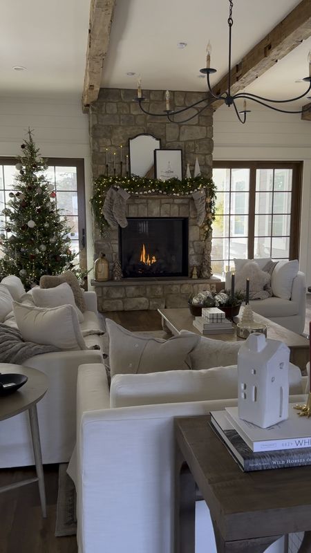Holiday home | living room | mantle decor | stone fireplace | white sofa | cozy home | modern organic 

#LTKHoliday #LTKVideo #LTKhome