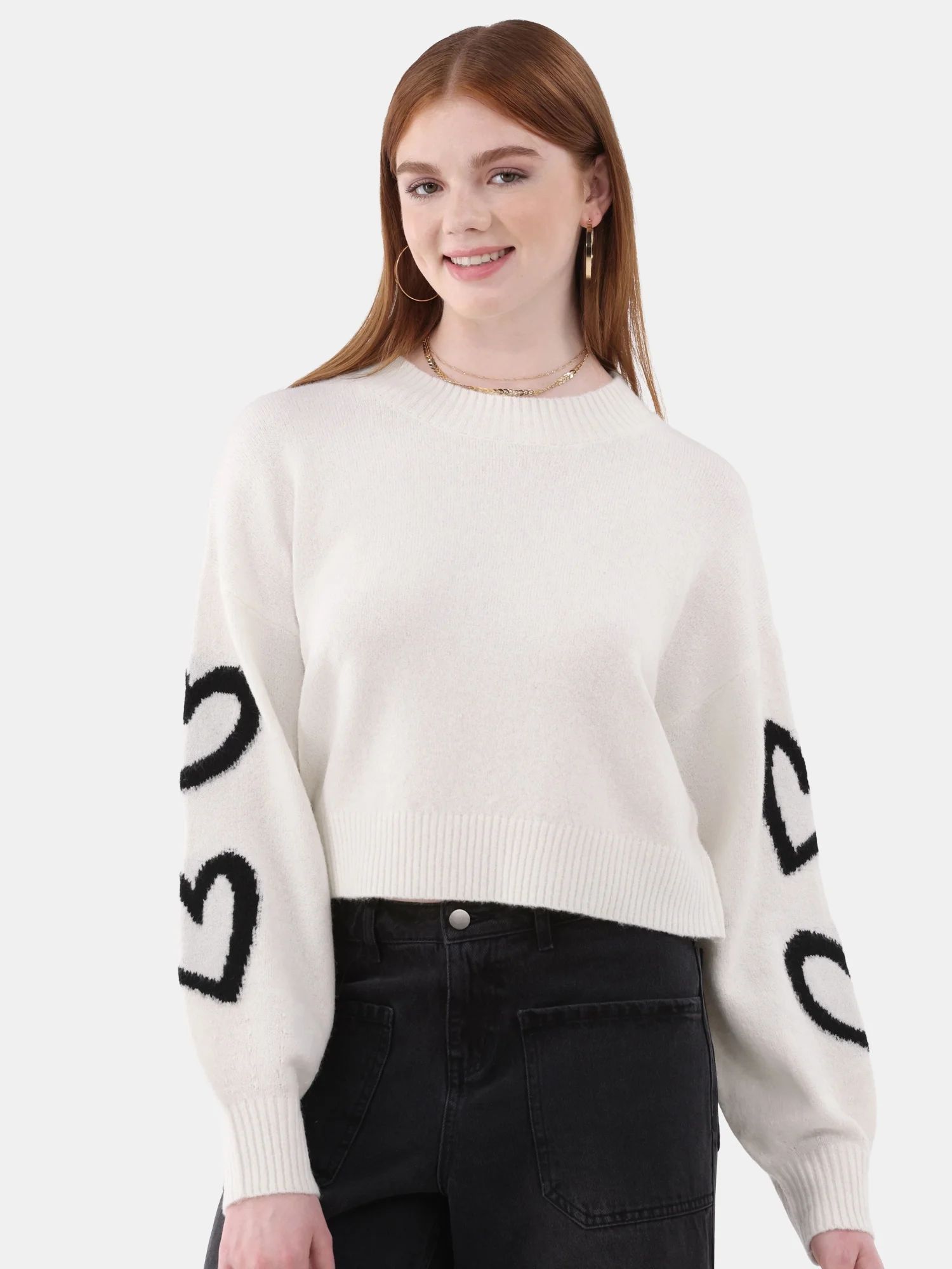 No Boundaries Crewneck Pullover Motif Sleeve Sweater, Women’s and Women’s Plus | Walmart (US)