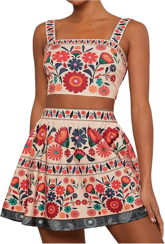 MakeMeChic Women's 2 Piece Vacation Outfits Floral Shirred Tank Top and A Line Mini Skirt Sets | Amazon (US)