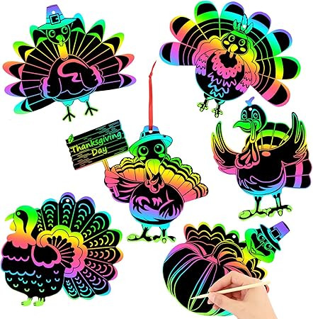 JULMELON 36Pcs Thanksgiving Fall Arts and Crafts, Rainbow Scratch Paper Art Cute Turkey Crafts fo... | Amazon (US)