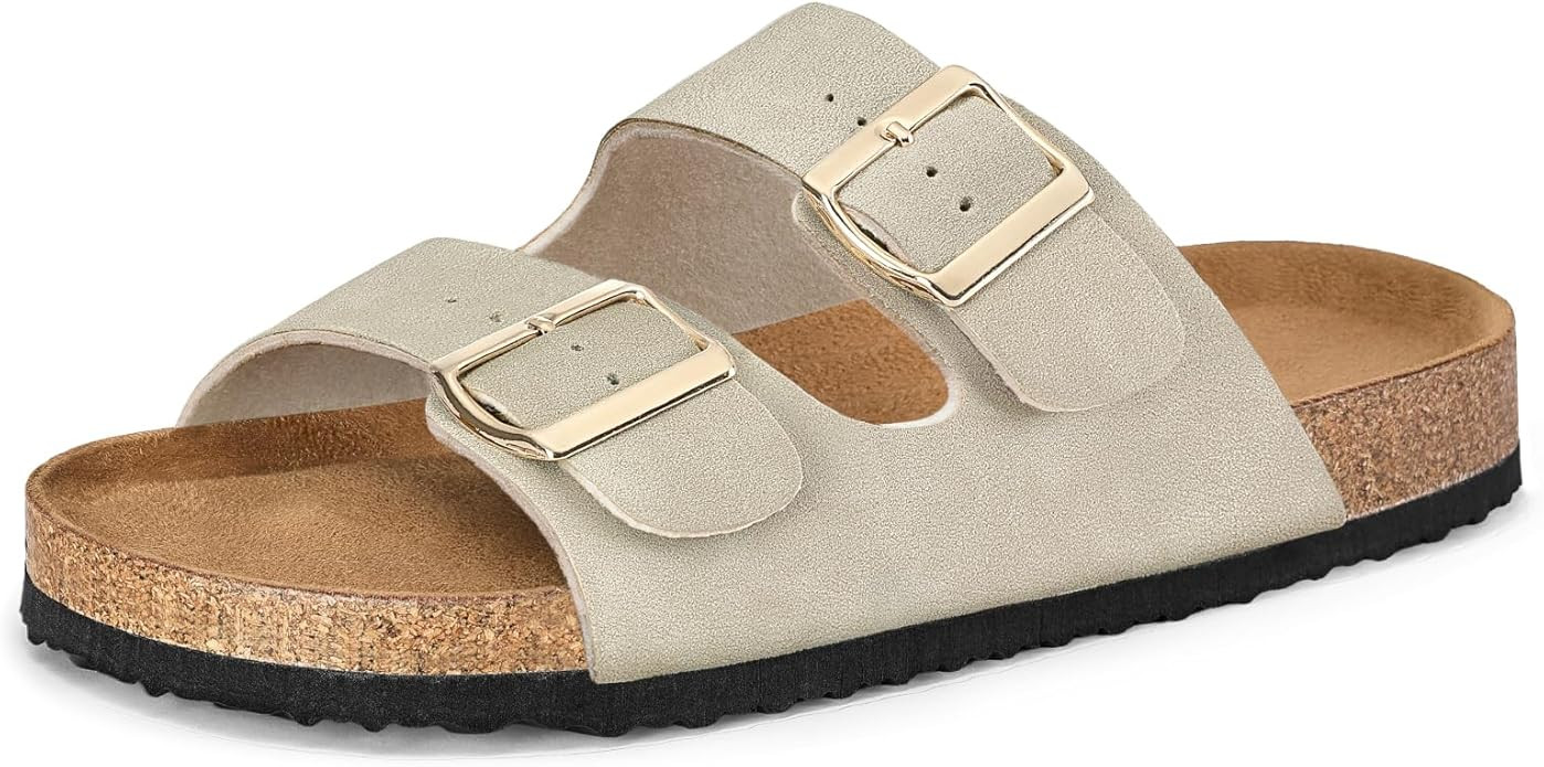 mysoft Womens Flat Sandals Cork Footbed Slides 2 Straps Adjustable Buckle Slip On Summer with +Co... | Amazon (US)