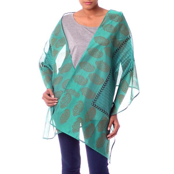 Handmade Cotton and Silk 'Story in Turquoise' Shawl (India) | Bed Bath & Beyond