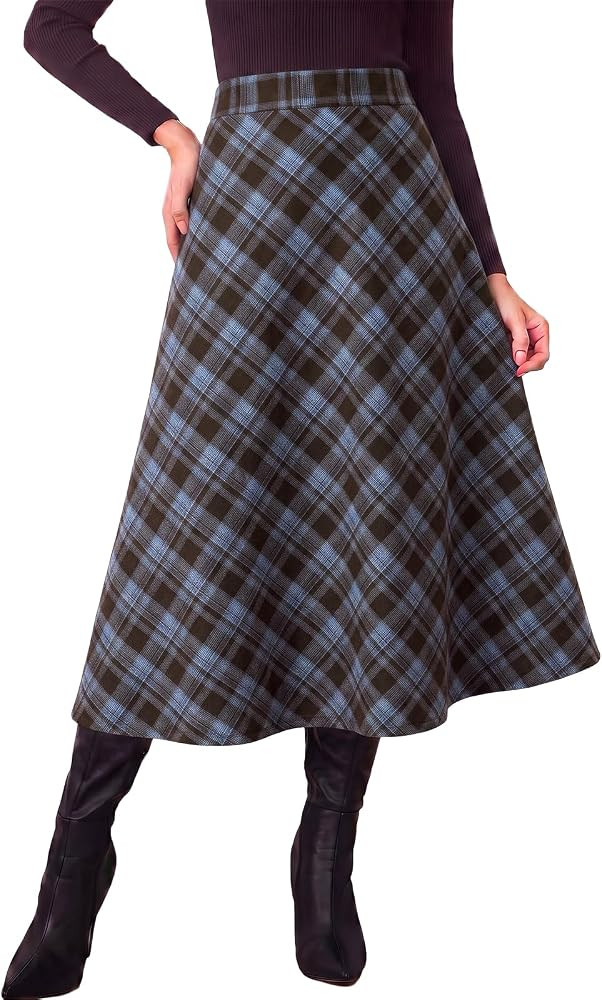 Tankaneo Womens Plaid Long Skirts Elastic Waist A-line Maxi Skirt 2026 | Amazon (US)