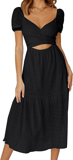 MIHOLL Womens V Neck Tie Back Midi Dress Hollow A-Line Flowy Sexy Short Sleeve Dress | Amazon (US)