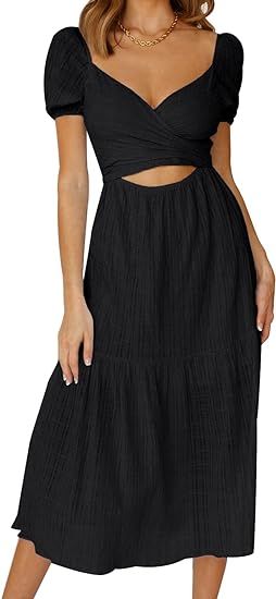 MIHOLL Womens V Neck Tie Back Midi Dress Hollow A-Line Flowy Sexy Short Sleeve Dress | Amazon (US)