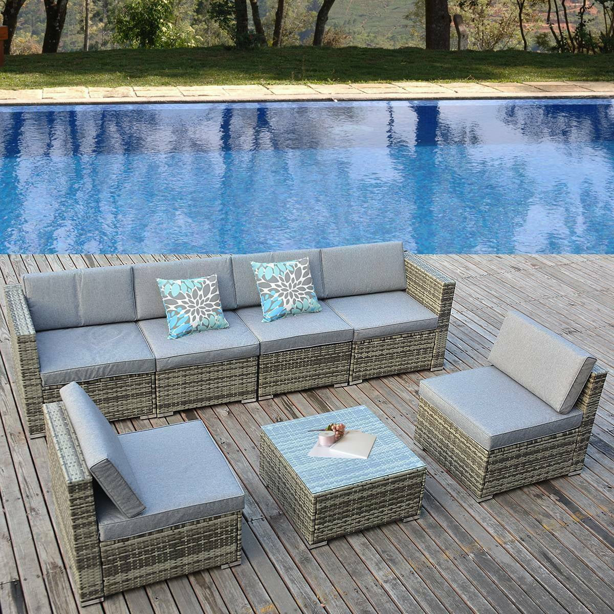 7 Piece Outdoor Patio Sofa Rattan Wicker Chair Sectional Furniture Set W/ Coffee Table &Cushion f... | Walmart (US)
